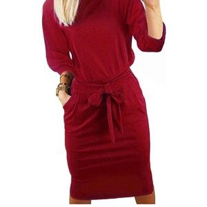 Women's Elegant 3/4 Sleeve Dress with Belt - Wine